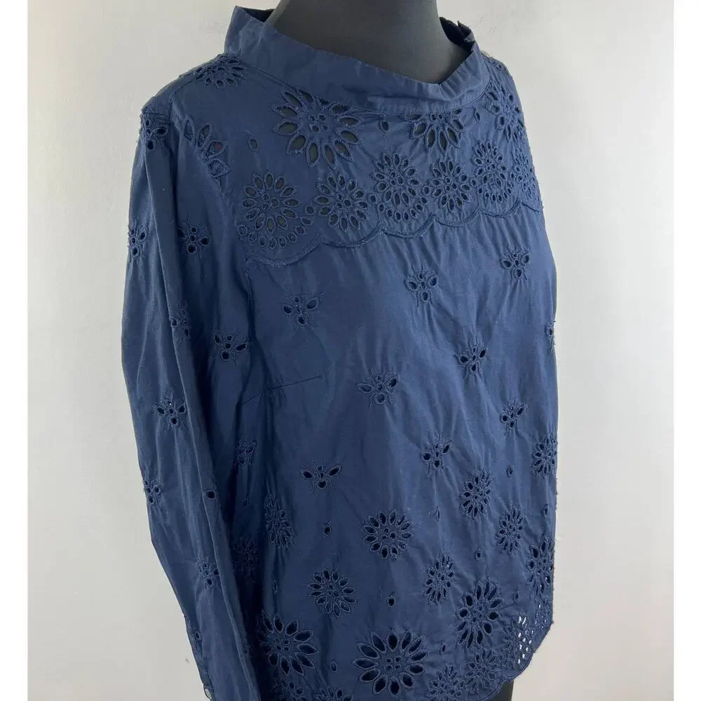 J Crew Navy Blue Eyelet FunnelNeck Mock Collar Cotton Long Sleeve Blouse Sz 12P